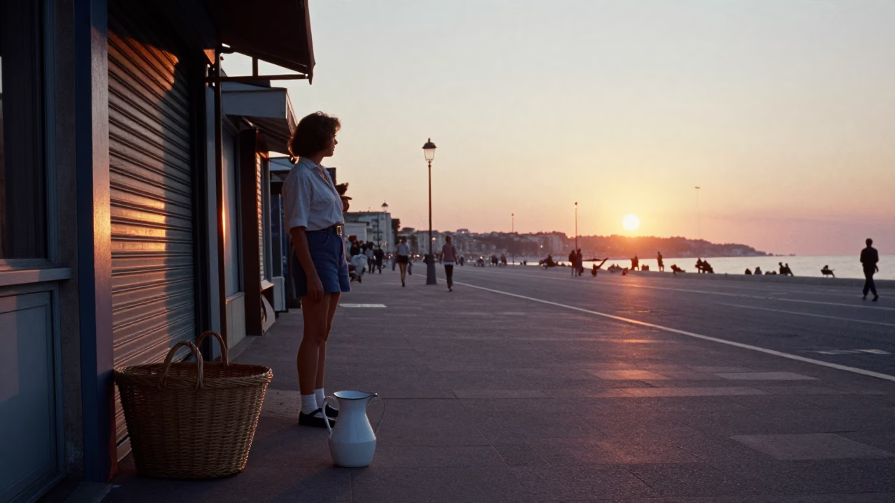 Evening street scene in Nice France with basket and enamel pitcher near old storefront in in Nice, France