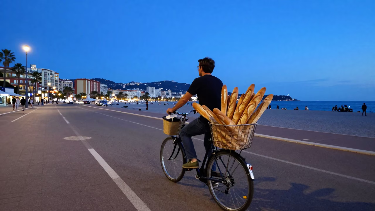 Evening Street Scene in Nice France with Bicycle and Baguettes in in Nice, France