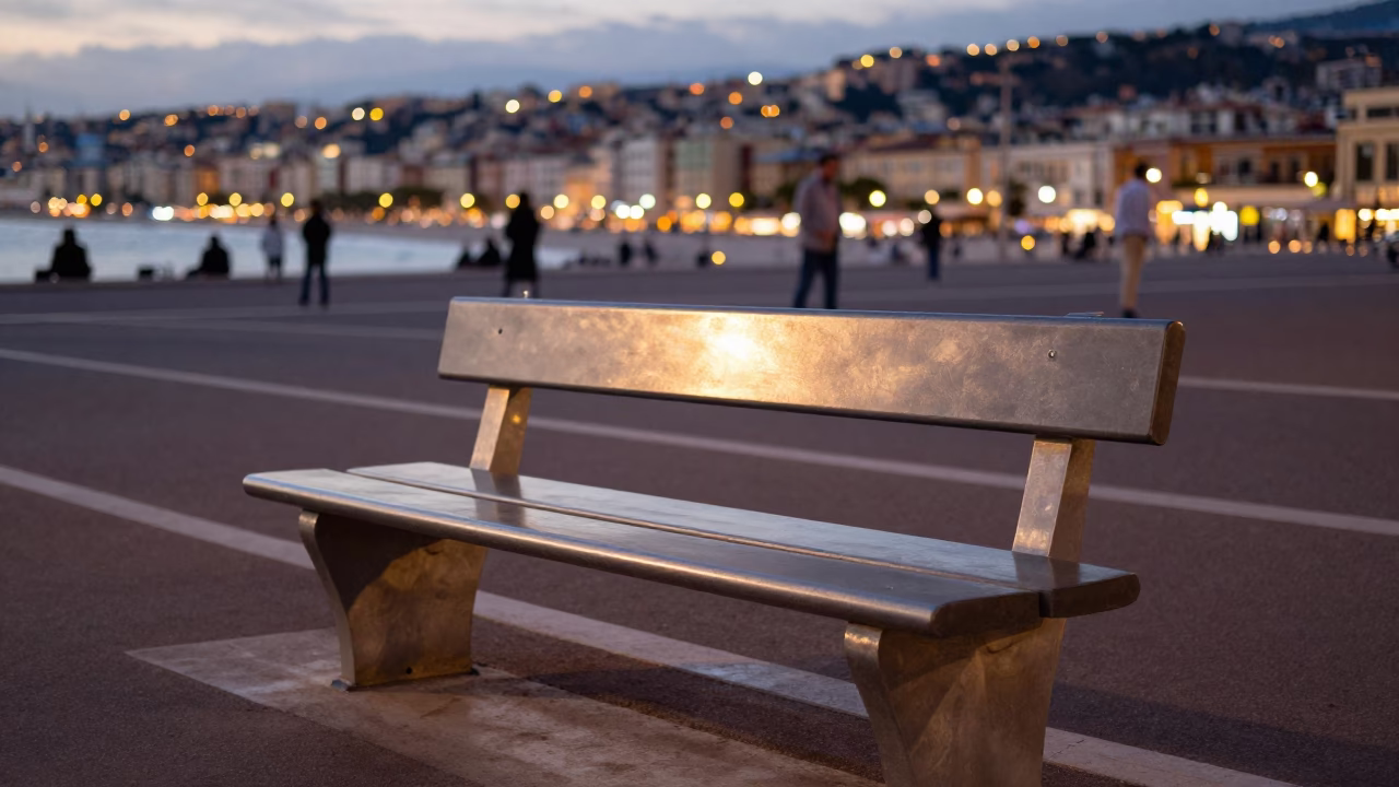 Evening Street Scene in Nice France with Brushed Steel Bench and Coastal Ambience in in Nice, France