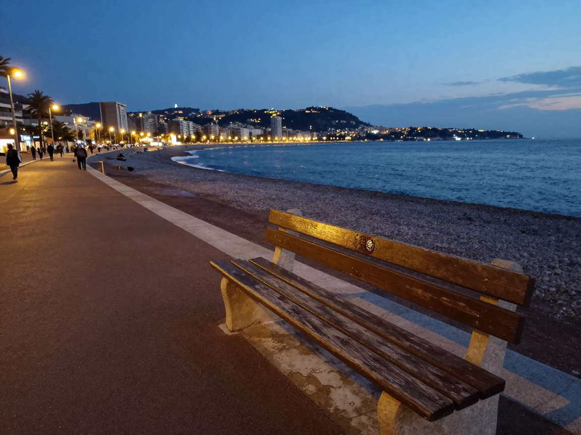 Evening Street Scene in Nice France with Dusk Lights and Coastal Elements in in Nice, France