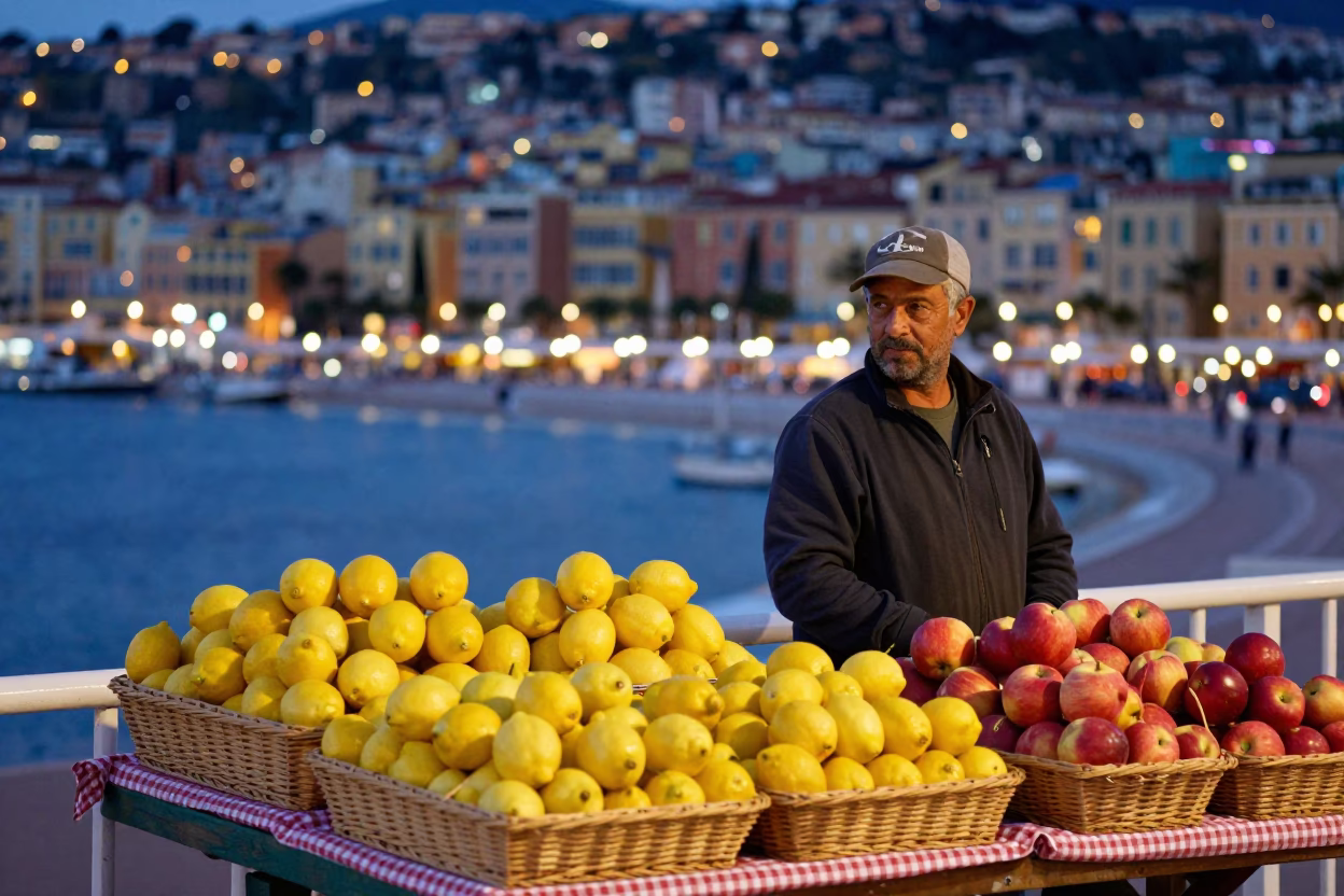 Evening Street Scene in Nice France with Fruit Vendor and City Lights in in Nice, France