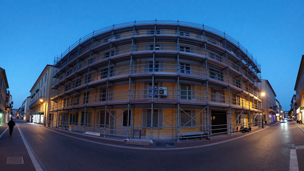 Evening Street Scene in Nice France with Geometric Scaffold Joints and Zinnias in in Nice, France