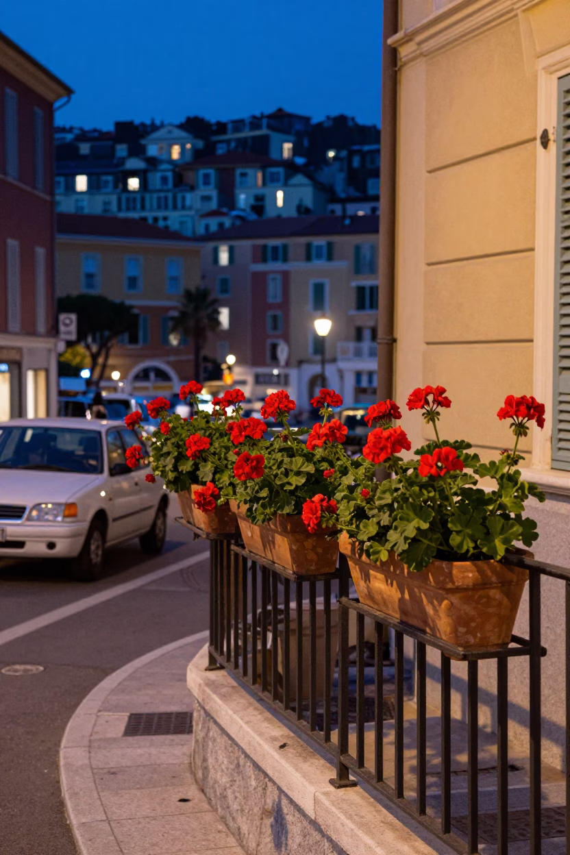 Evening Street Scene in Nice France with Geraniums and Vintage 1980s Aesthetic in in Nice, France