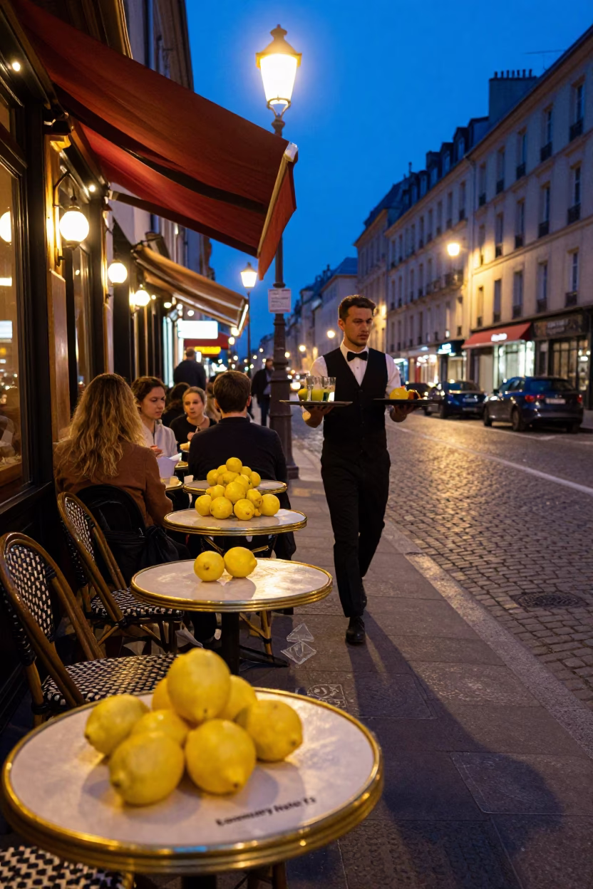 Evening Street Scene in Nice France with Lemons on Cafe Table in in Nice, France