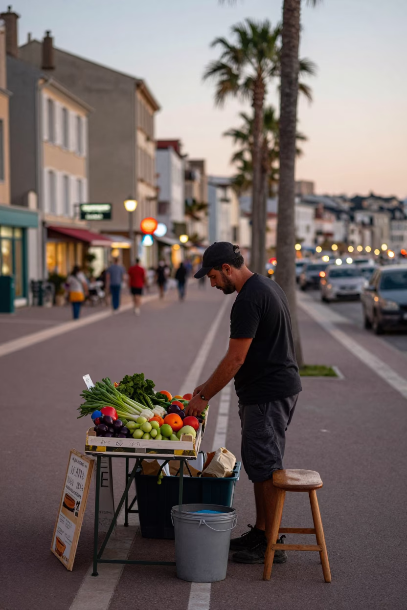 Evening Street Scene in Nice France with Local Vendor and Vintage Camping Gear in in Nice, France