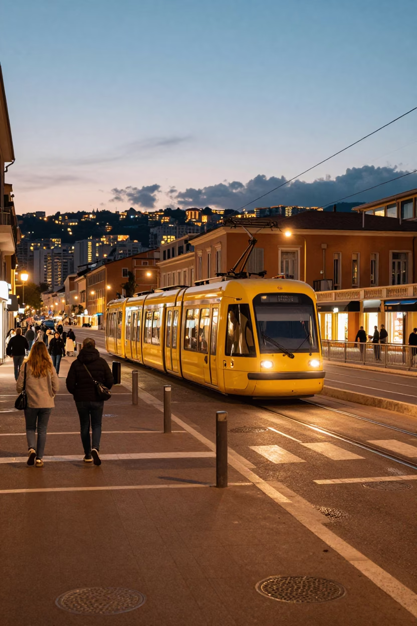 Evening Street Scene in Nice France with Monorail and City Lights in in Nice, France