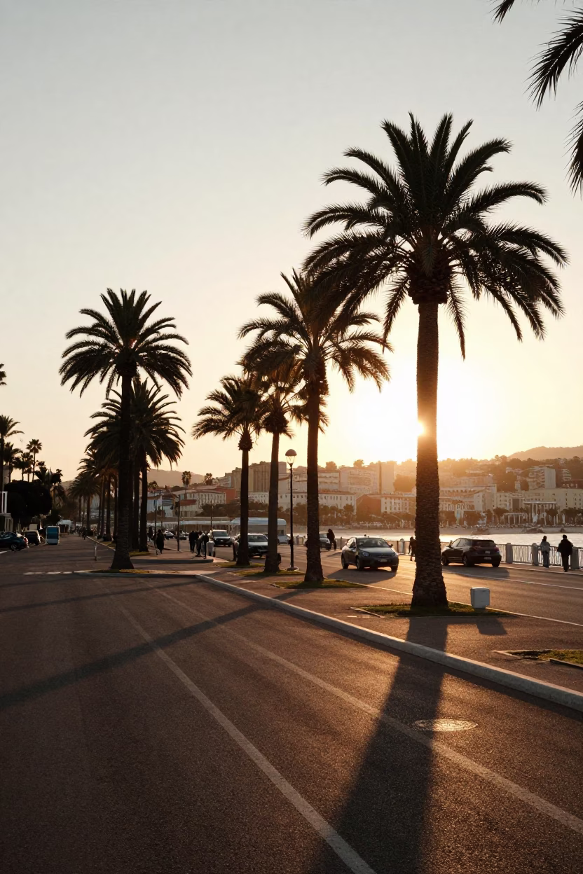 Evening street scene in Nice France with palm tree avenue and bustling boulevard traffic in in Nice, France