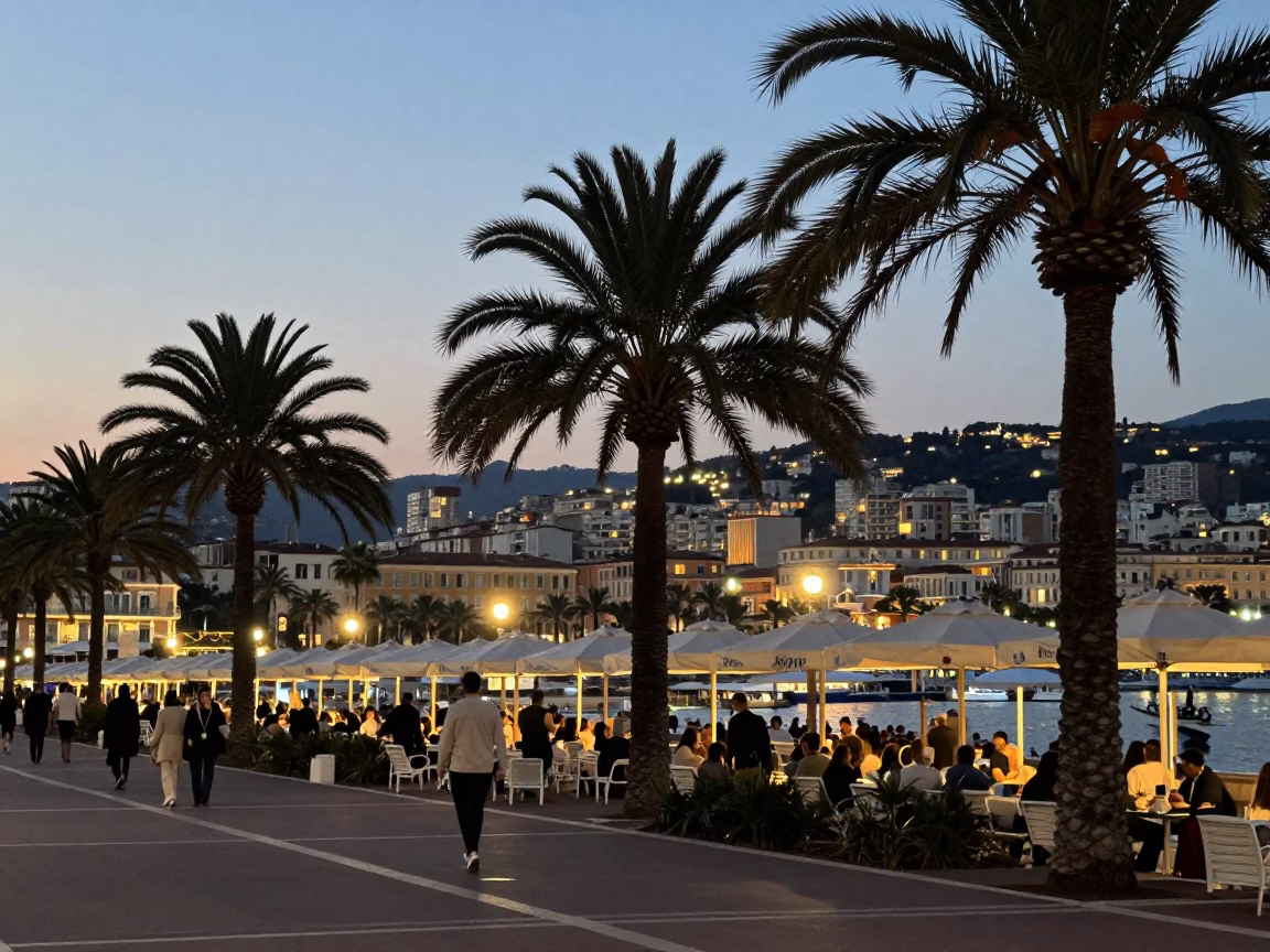 Evening Street Scene in Nice France with Palm Trees and Umbrellas in in Nice, France