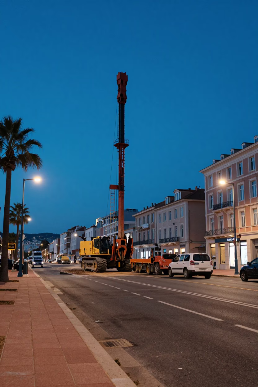 Evening Street Scene in Nice France with Pile Driver Construction Activity and Urban Life in in Nice, France