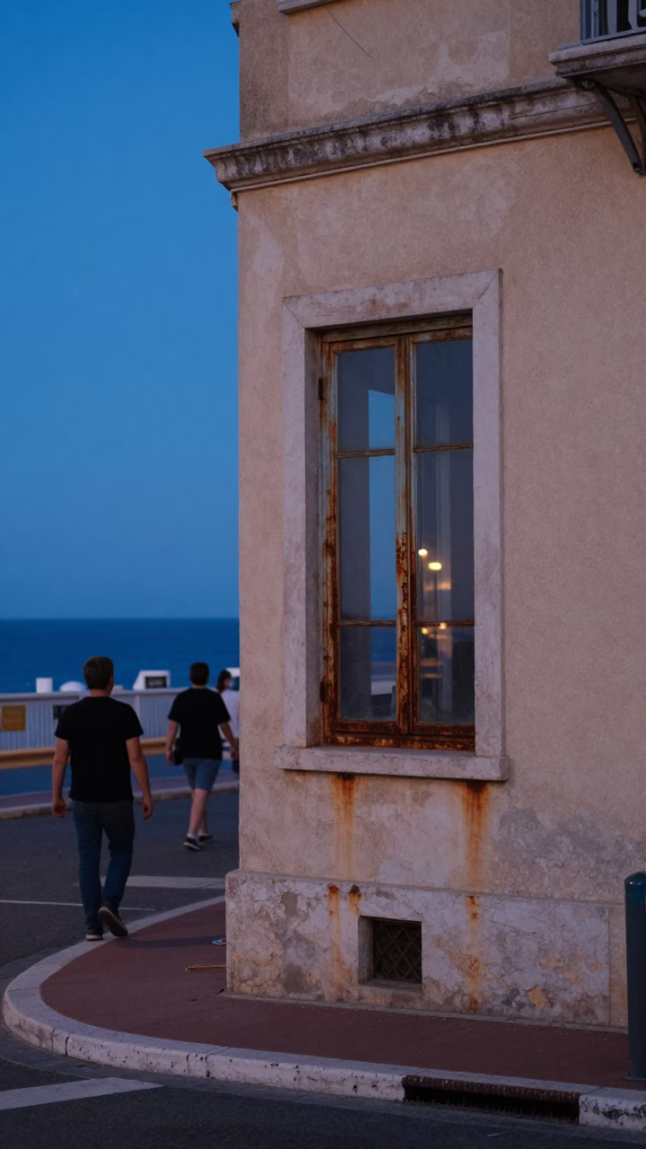 Evening Street Scene in Nice France with Rusty Window and Glass Bottles in in Nice, France