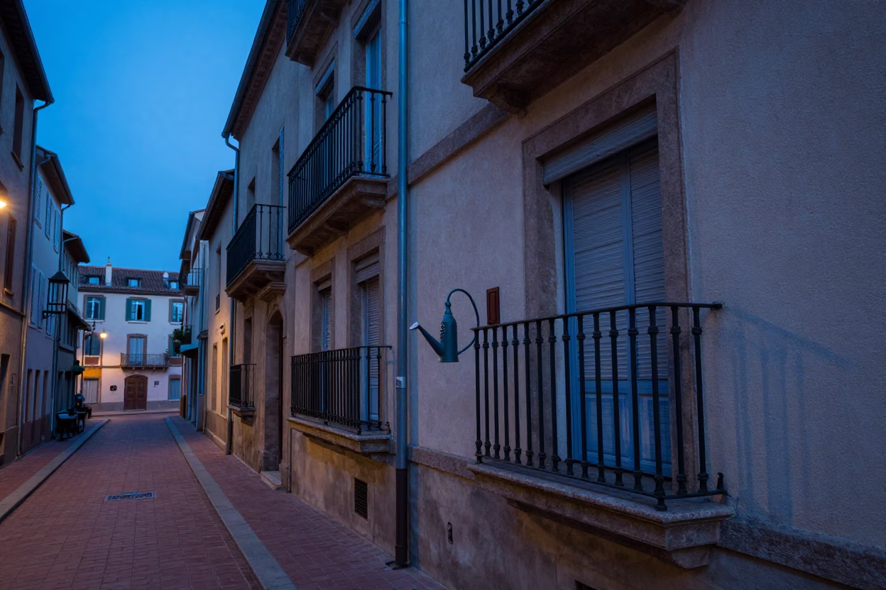 Evening Street Scene in Nice France with Soap Bottle and Watering Jug on Balcony in in Nice, France