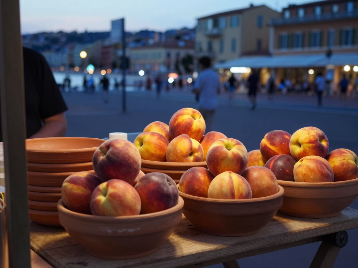 Evening Street Scene in Nice France with Terracotta Bowls and Nectarines in in Nice, France