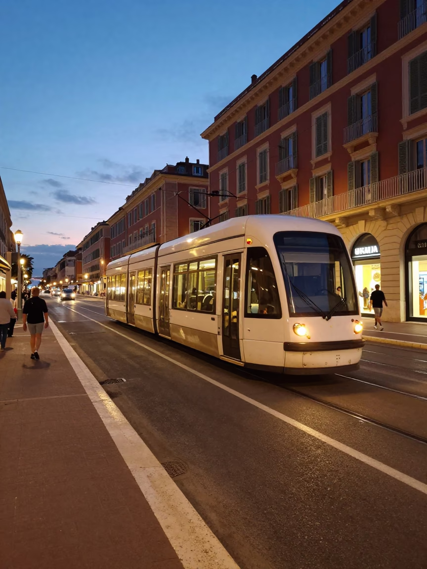 Evening street scene in Nice France with tram and Mediterranean architecture in in Nice, France
