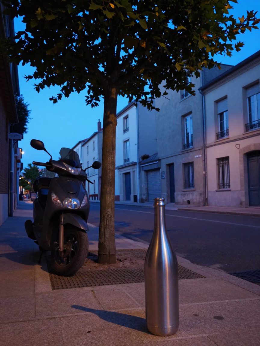 Evening Street Scene in Nice France with Tree and Steel Bottle Neck in in Nice, France