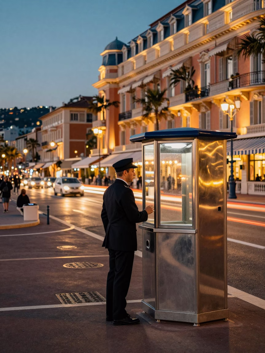 Evening Street Scene in Nice France with Valet Stand and Hotel Awning Headlight Streaks in in Nice, France