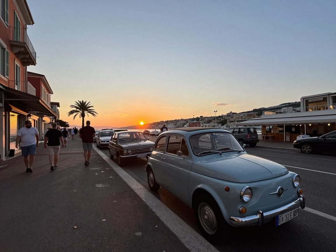 Evening Street Scene in Nice France with Vintage Car and Local Shop Display in in Nice, France