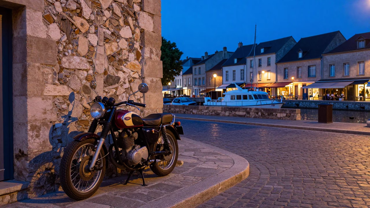 Evening Street Scene in Nice France with Vintage Motorcycle and Local Market Details in in Nice, France