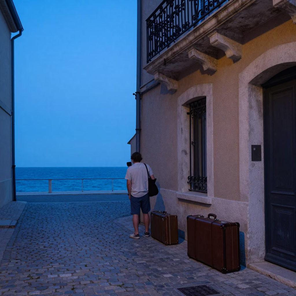 Evening Street Scene in Nice France with Vintage Suitcases and Coastal Architecture in in Nice, France