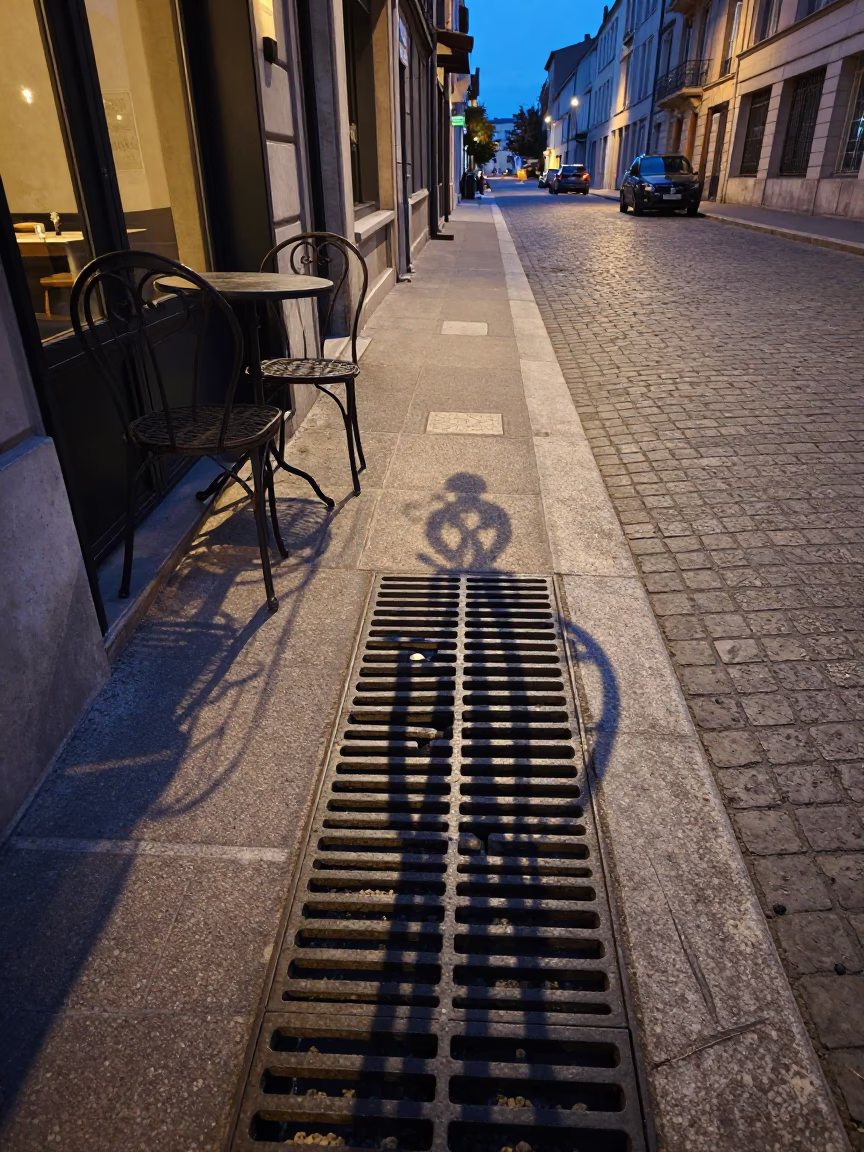 Evening Street Scene in Nice France with Wicker Shadow on Drain and Local Ambiance in in Nice, France
