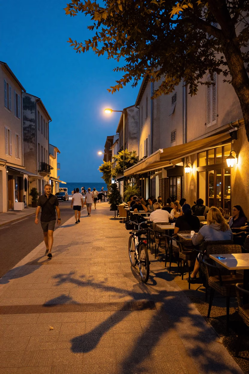 Evening Street Scene in Nice France with Wicker Shadows and Local Life in in Nice, France