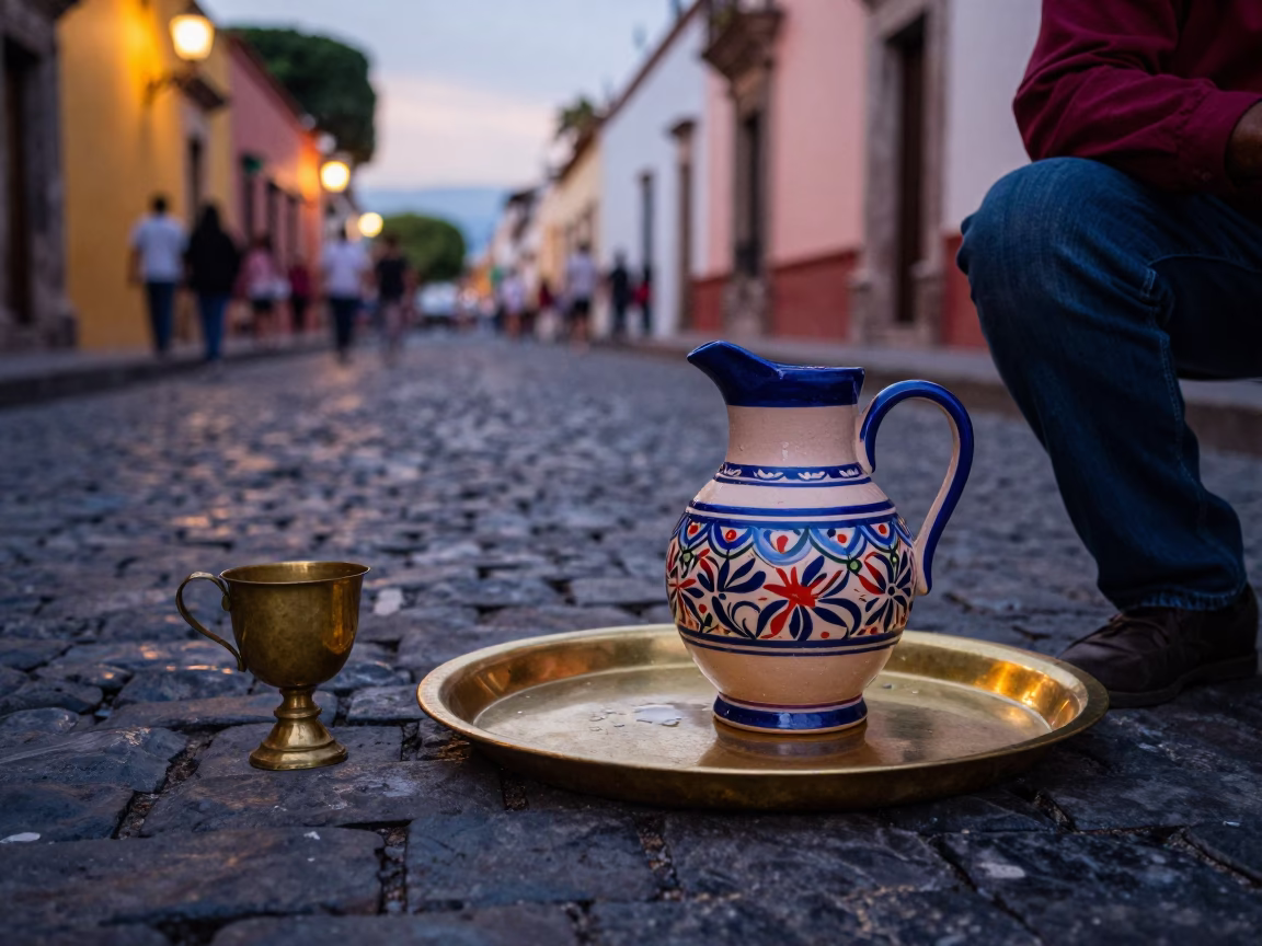 Evening Street Scene in Oaxaca Mexico with Ceramic Pitcher and Brass Tray in in Oaxaca, Mexico