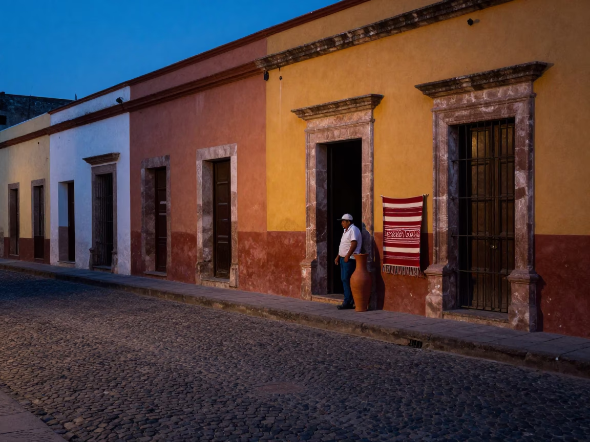 Evening Street Scene in Oaxaca Mexico with Clay Pitcher and Textile Details in in Oaxaca, Mexico