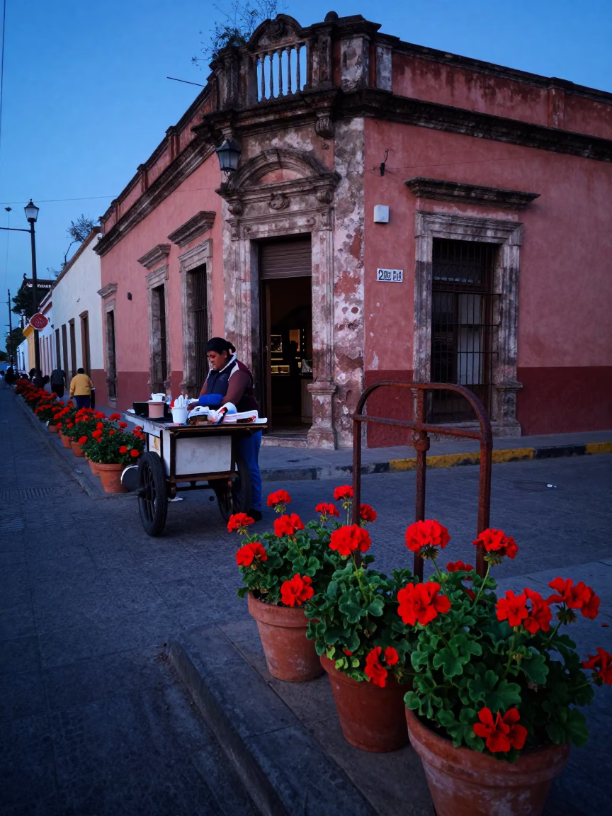 Evening Street Scene in Oaxaca Mexico with Geraniums and Rusty Metal Details in in Oaxaca, Mexico