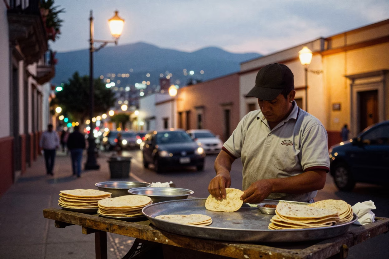 Evening street scene in Oaxaca Mexico with glowing city lights and local market activity in in Oaxaca, Mexico