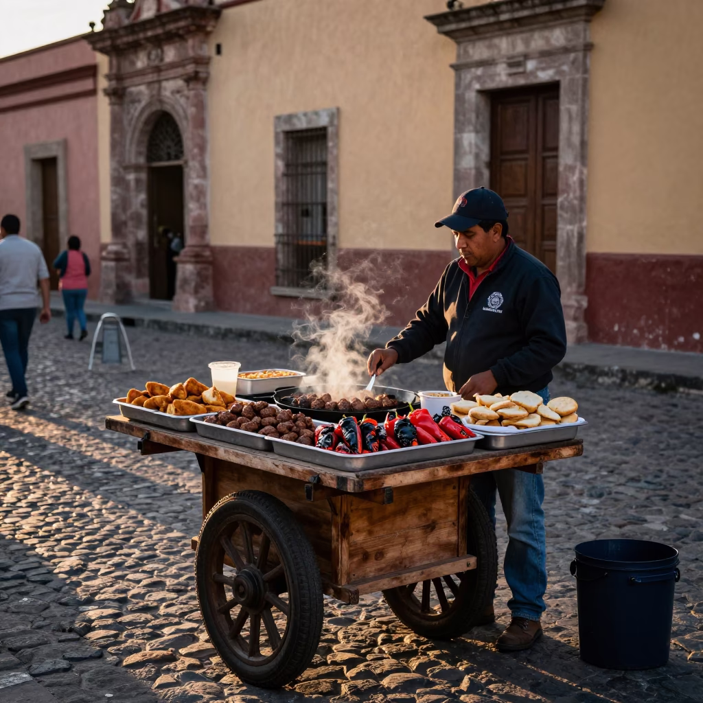 Evening Street Scene in Oaxaca Mexico with Local Food and Traditional Architecture in in Oaxaca, Mexico