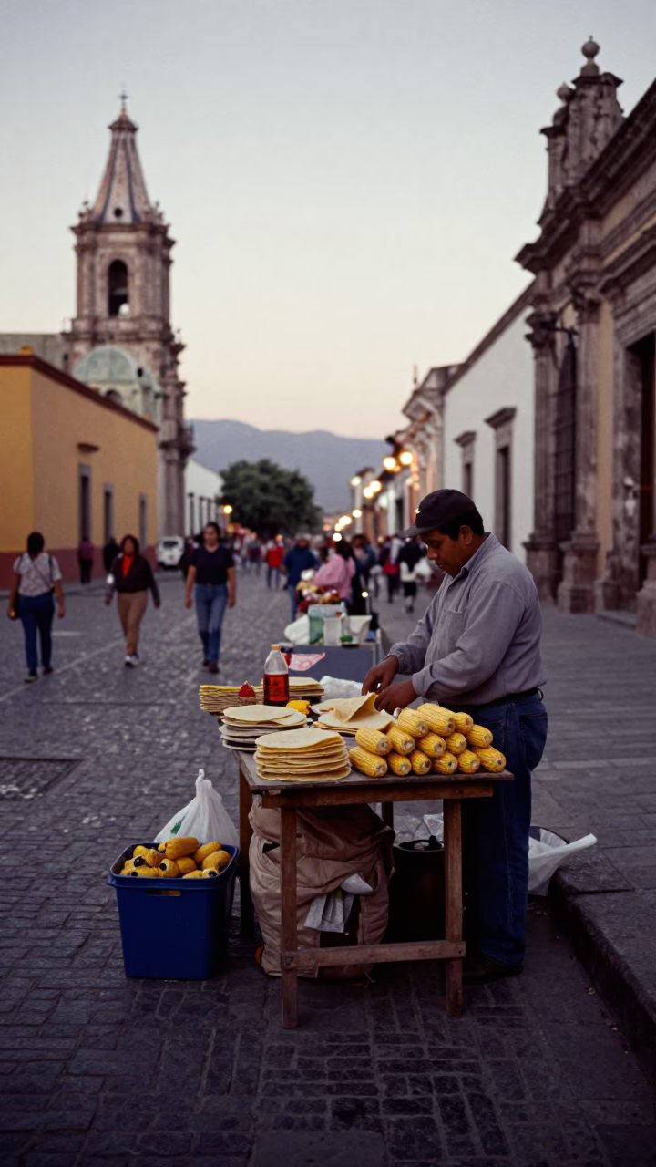Evening Street Scene in Oaxaca Mexico with Local Market Goods and Architecture in in Oaxaca, Mexico