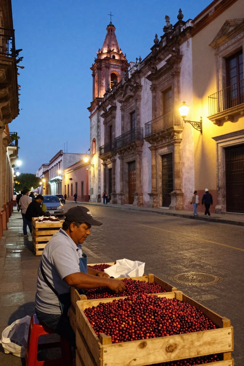 Evening Street Scene in Oaxaca Mexico with Local Vendor and City Lights in in Oaxaca, Mexico
