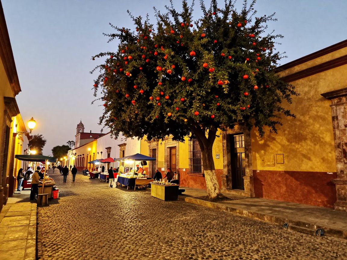 Evening Street Scene in Oaxaca Mexico with Pomegranate Tree and Market Vendor in in Oaxaca, Mexico
