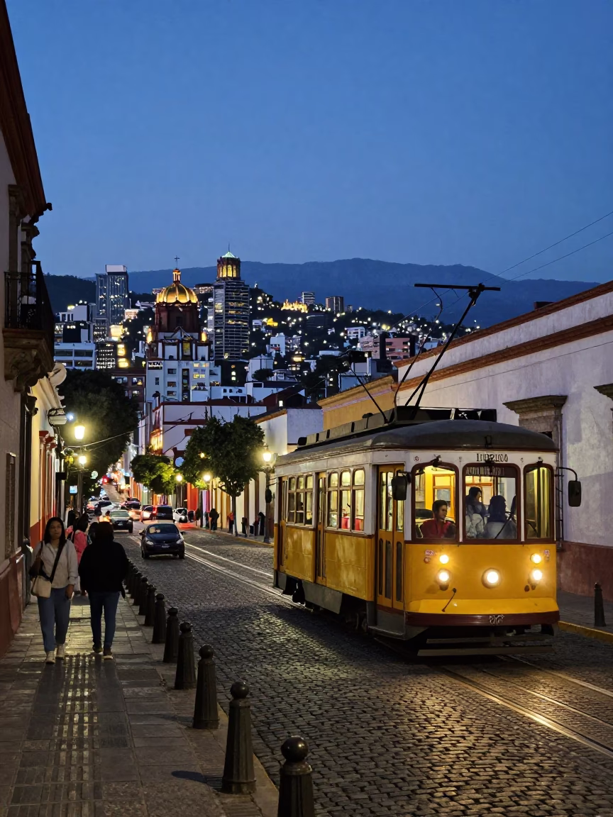 Evening Street Scene in Oaxaca Mexico with Tram and City Lights in in Oaxaca, Mexico