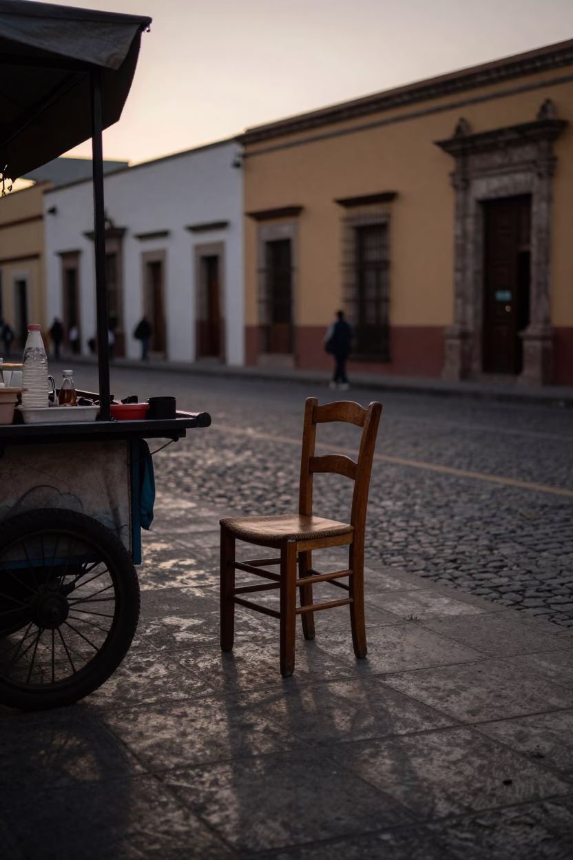 Evening Street Scene in Oaxaca Mexico with Wooden Chair and Dim Sum Tray in in Oaxaca, Mexico