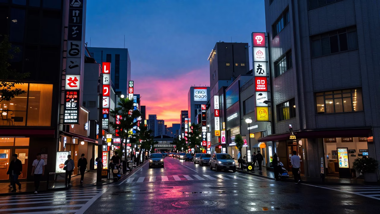 Evening Street Scene in Osaka Japan with Neon Signs and Dusk Lighting in in Osaka, Japan