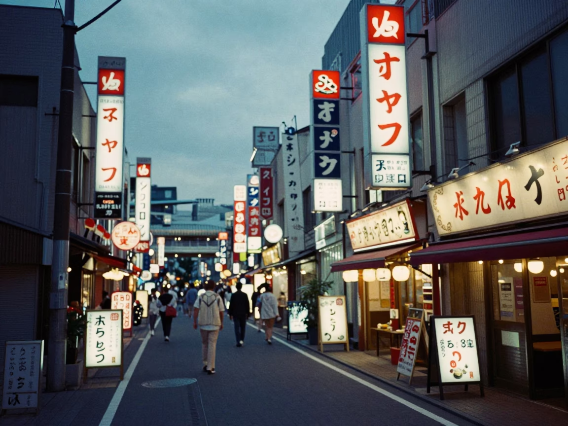 Evening Street Scene in Osaka Japan with Neon Signs and Local Vendors in in Osaka, Japan