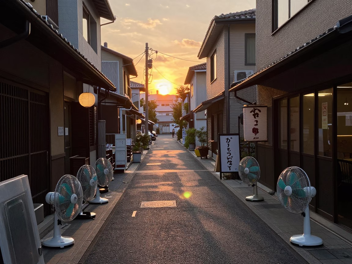 Evening Street Scene in Osaka Japan with Table Fans and Local Life in in Osaka, Japan