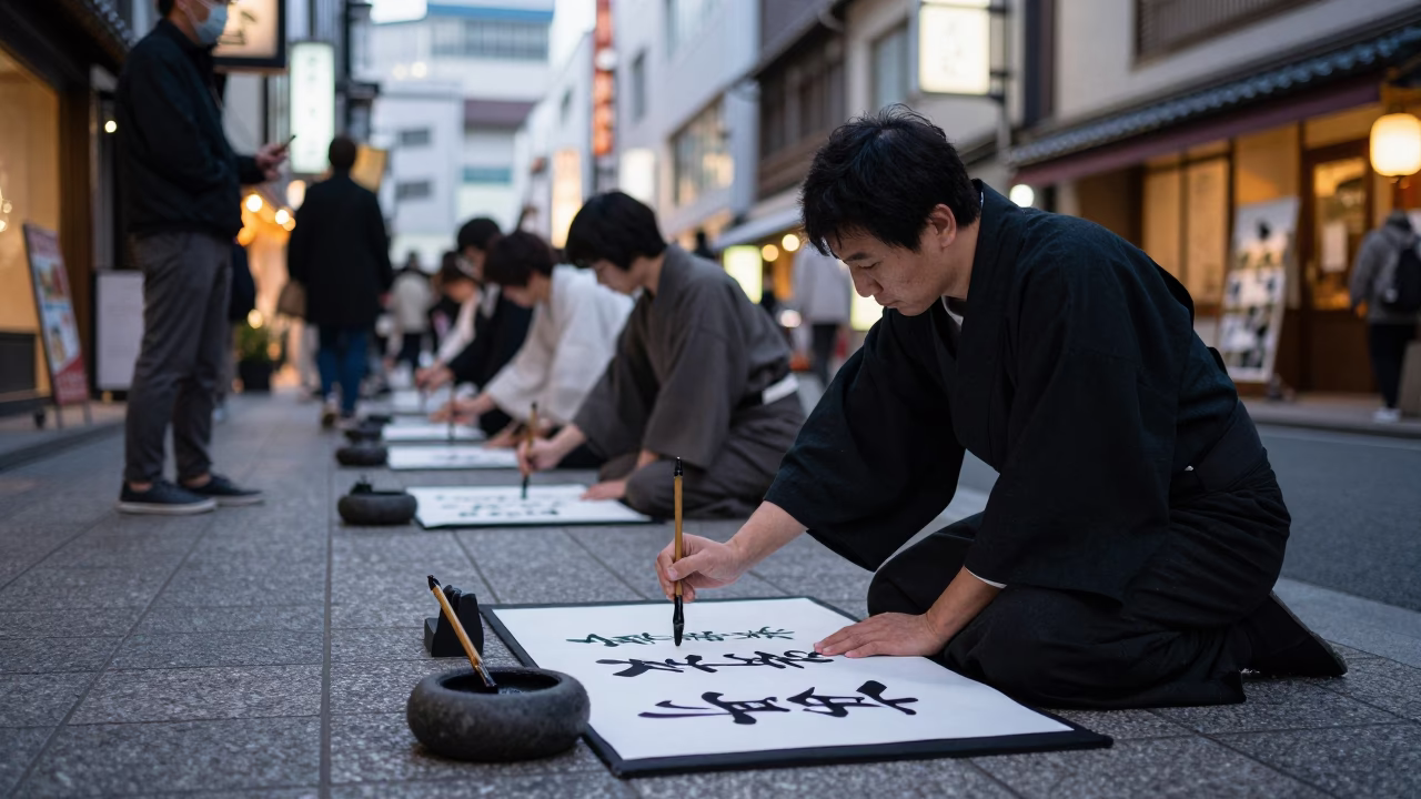 Evening Street Scene in Osaka Japan with Traditional Calligraphy Demonstration and City Lights in in Osaka, Japan