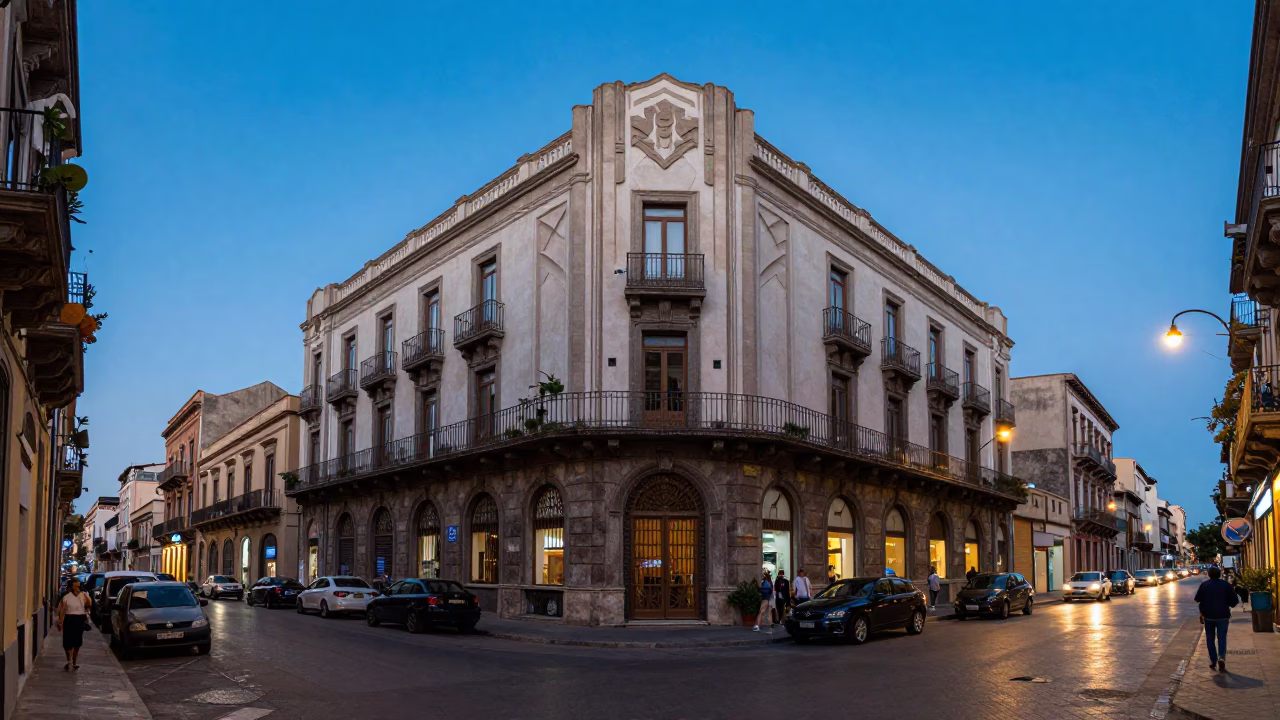 Evening Street Scene in Palermo Italy with Art Deco Hotel Facade and Lantern in in Palermo, Italy