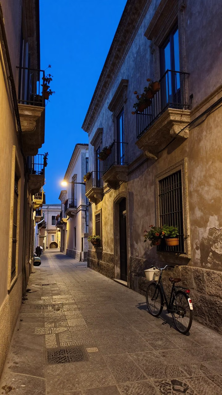 Evening Street Scene in Palermo Italy with Bicycle and Window Box in in Palermo, Italy