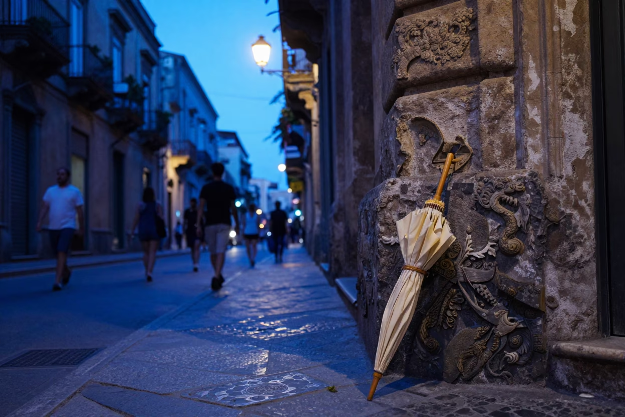 Evening Street Scene in Palermo Italy with Blue Light and Local Details in in Palermo, Italy
