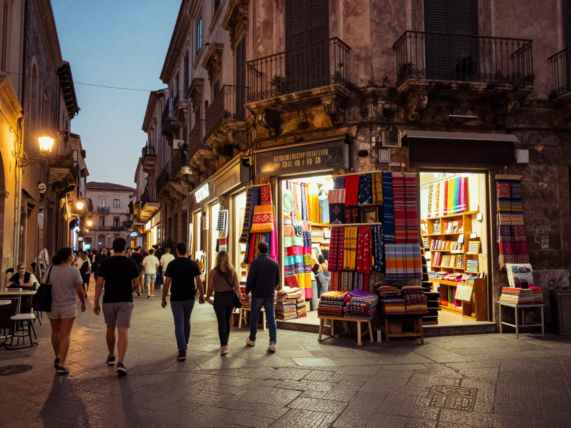 Evening Street Scene in Palermo Italy with Colorful Shop Displays and Pedestrians in in Palermo, Italy