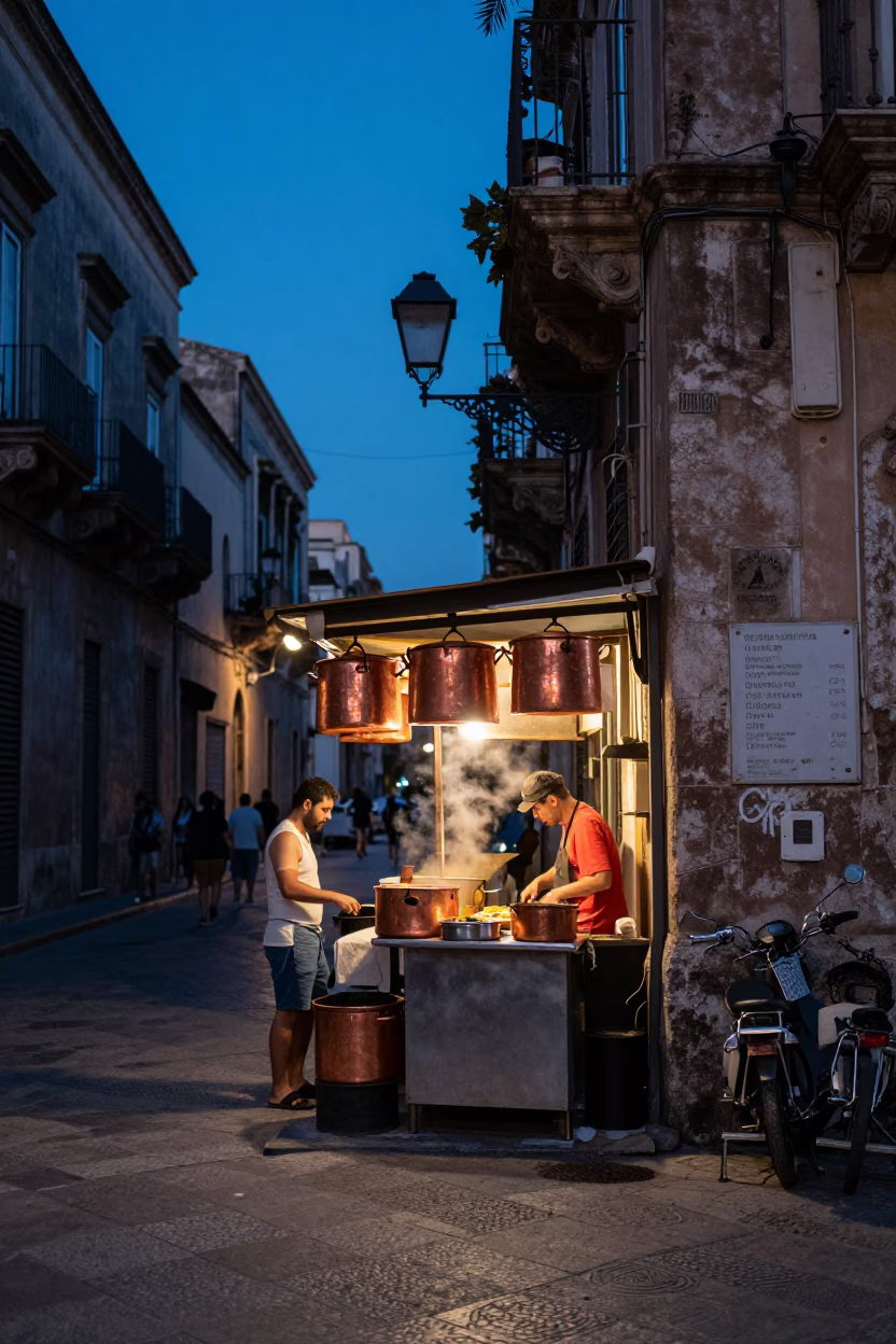 Evening Street Scene in Palermo Italy with Copper Pots and Local Life in in Palermo, Italy