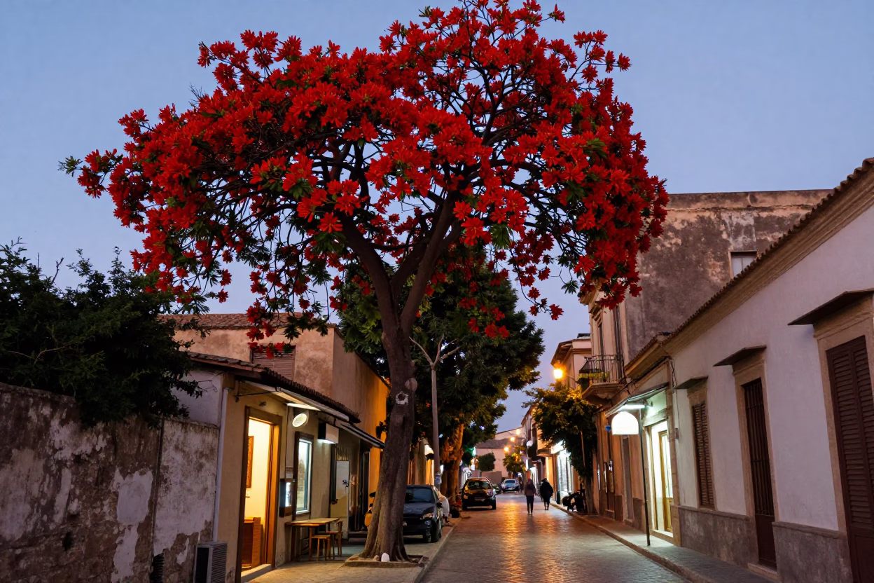 Evening street scene in Palermo Italy with flame tree bloom and local market activity in in Palermo, Italy