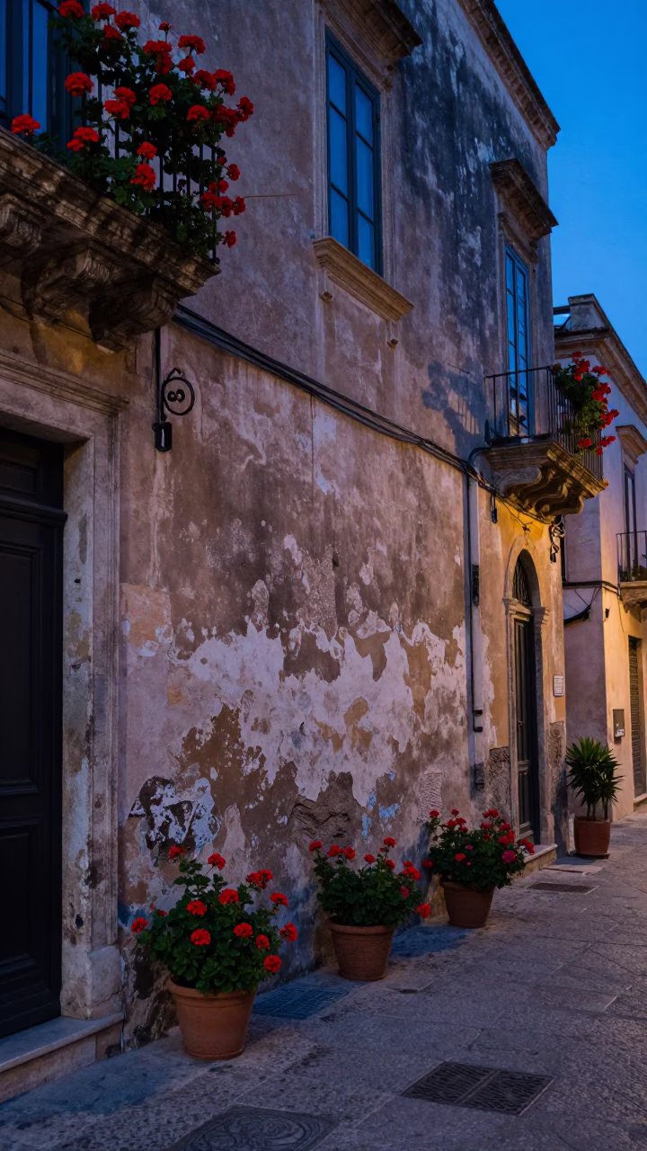 Evening street scene in Palermo Italy with geraniums and weathered plaster wall details in in Palermo, Italy