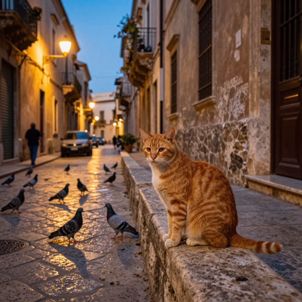 Evening Street Scene in Palermo Italy with Ginger Cat and Pigeons in in Palermo, Italy