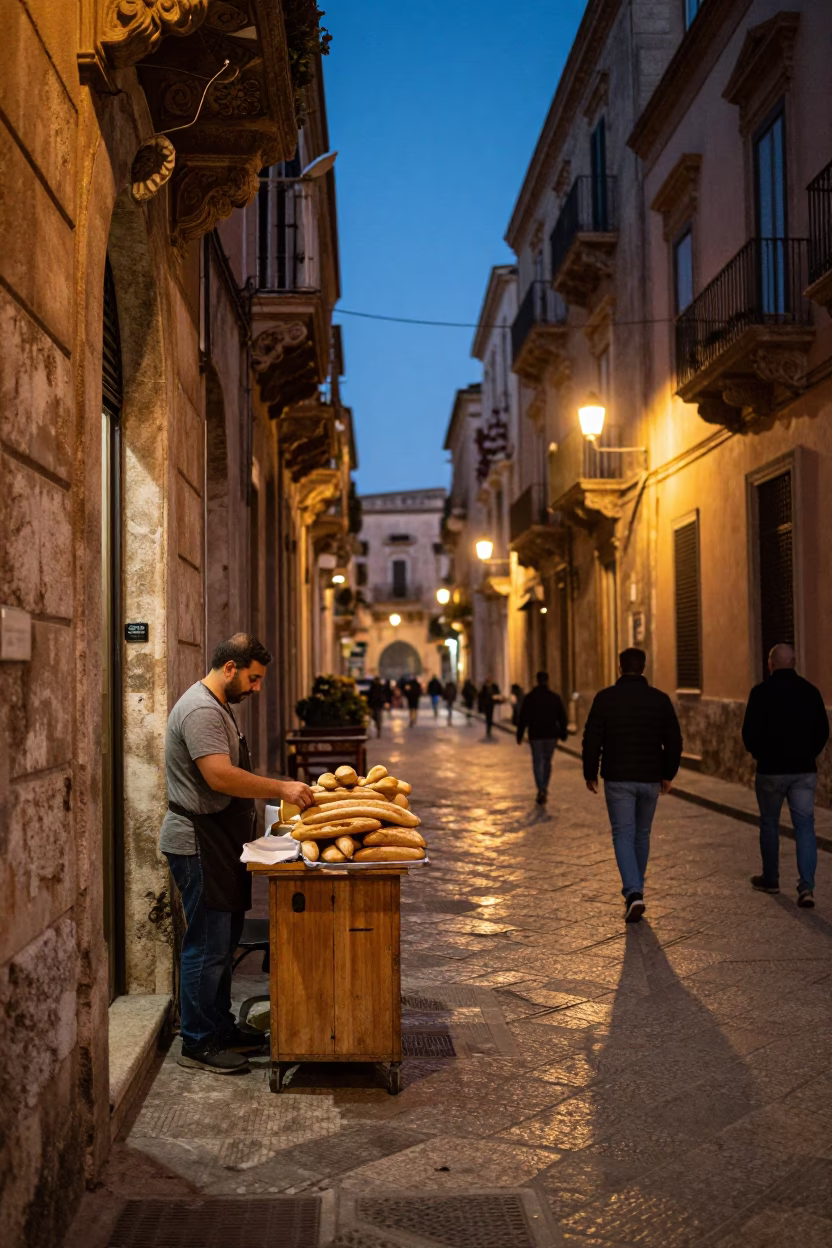 Evening street scene in Palermo Italy with glowing city lights and local vendors in in Palermo, Italy