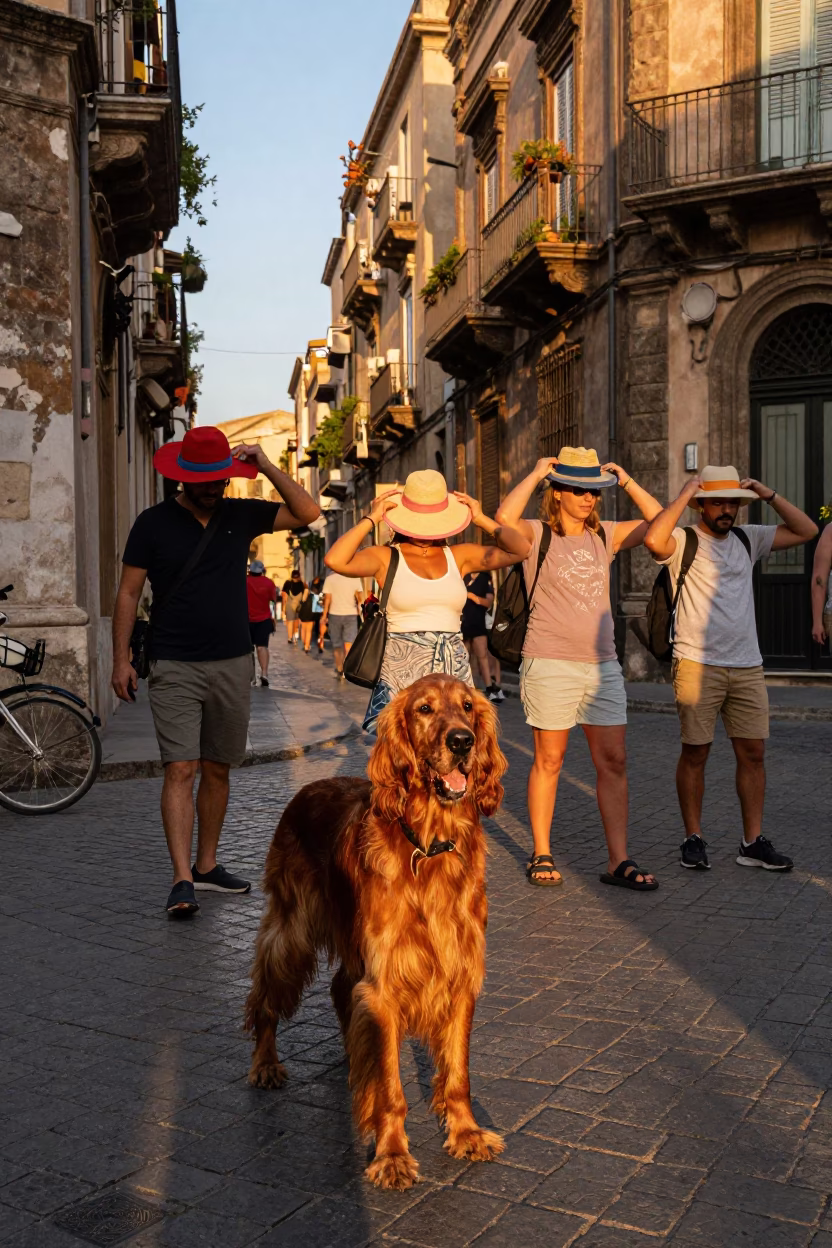 Evening street scene in Palermo Italy with Irish Setter and tourist sun hats in in Palermo, Italy
