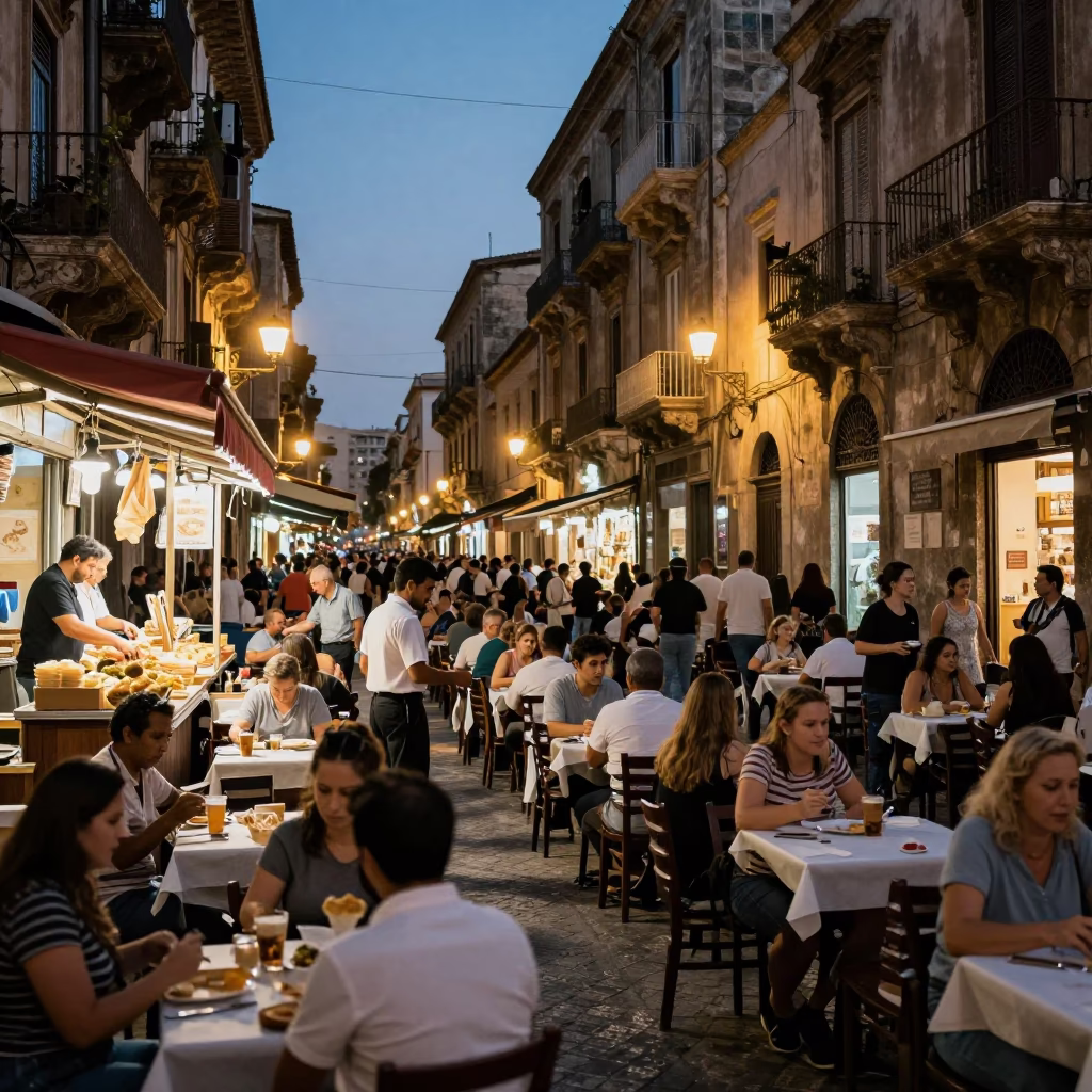 Evening Street Scene in Palermo Italy with Local Food and Urban Life in in Palermo, Italy