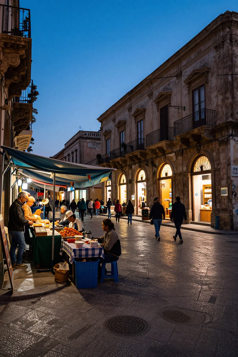 Evening Street Scene in Palermo Italy with Local Market Vendors and Traditional Food Stalls in in Palermo, Italy